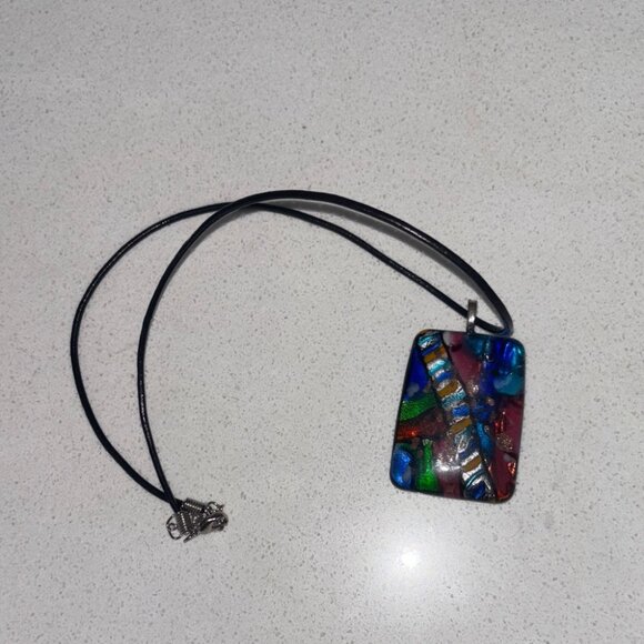Vintage Dichroic Fused Glass Pendant Necklace Black Cord Adjustable Length - Picture 5 of 6
